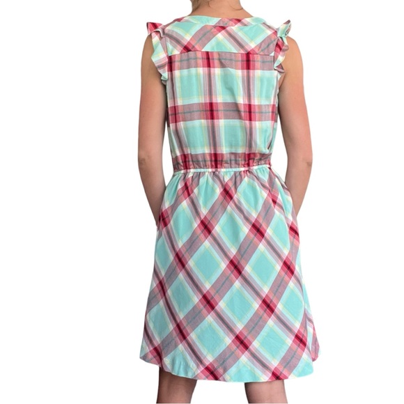 Kensie Womens Sz Small Teal Red Plaid Button Front Sleeveless Ruffle Flowy Dress - Picture 16 of 16